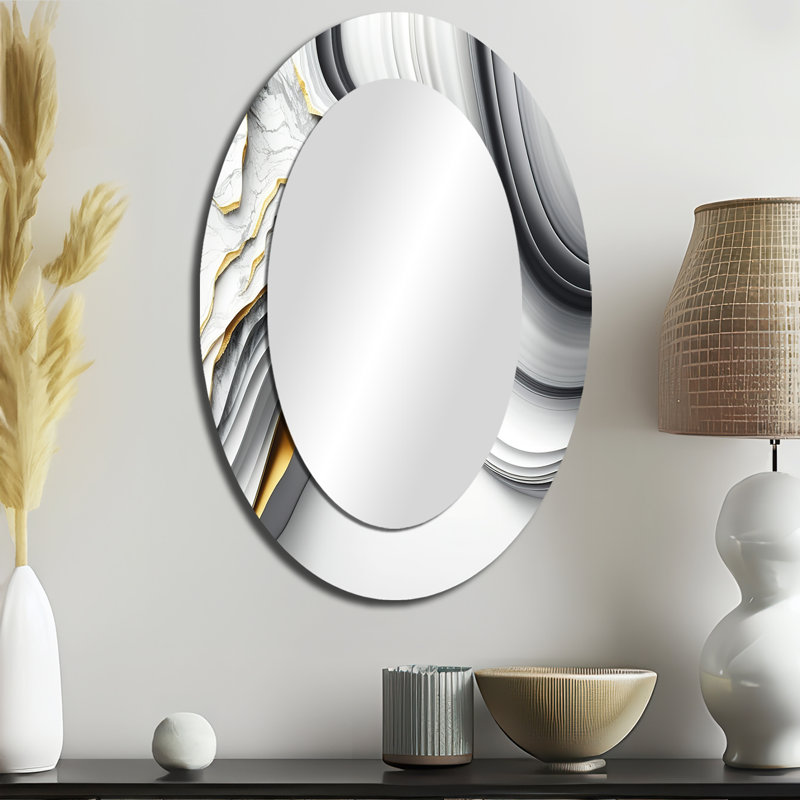 Abstract Geode Waves Grey I - Gray Oval Wall Mirror Decor, 36" x 24"