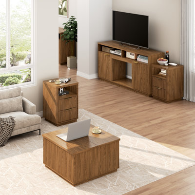 Ensemble de meubles 4 pièces: meuble télé avec foyer électrique cannelé, table basse et tables de chevet, ensemble de chambre à coucher de ferme avec armoires de rangement et tiroirs