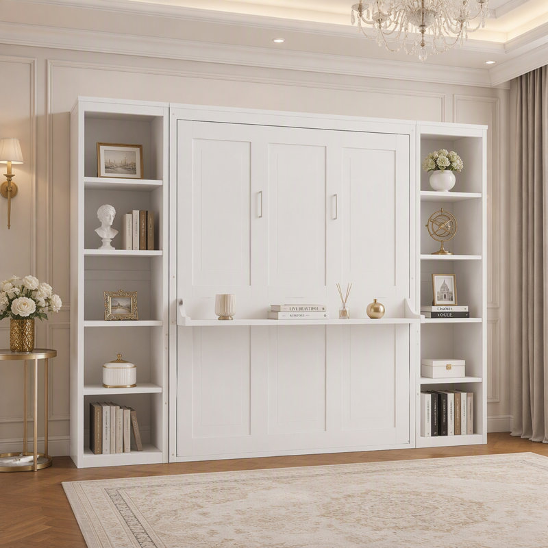 Grand lit escamotable avec bureau et bibliothèque, White