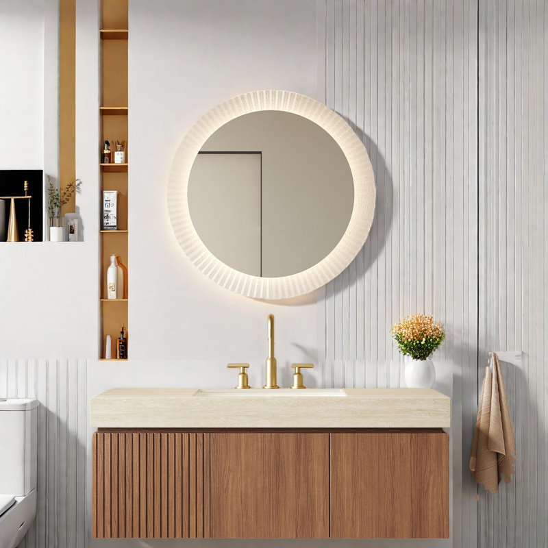 Meuble-lavabo moderne avec rangement, bois et pierre frittée, style salle de bain luxueux