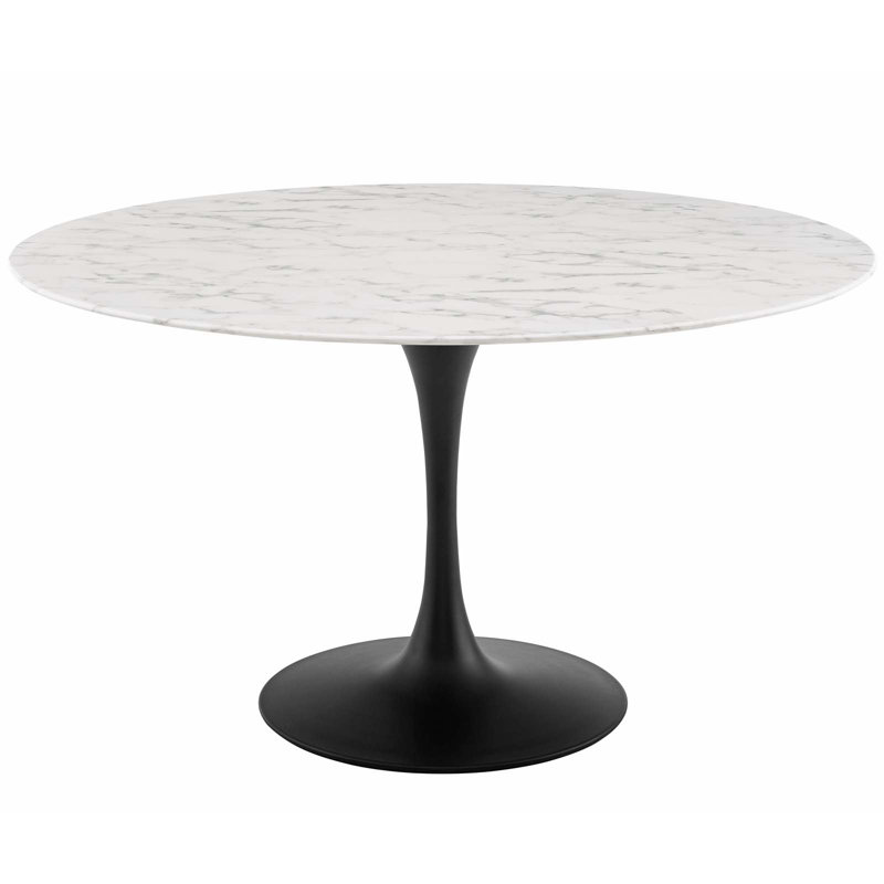 Mid-Century Modern 54" Round Marble & Wood Dining Table in Black/White