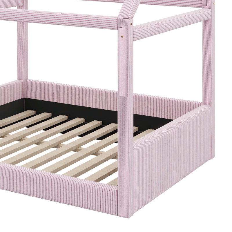 Full Size Textile-Finished House Daybed With Integrated LED Light Bands, Pink