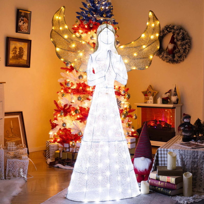Ange illuminé festif de 5 pi avec des ailes de halo et 150 attaches à fermeture éclair avec piquets