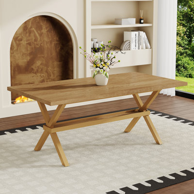 Table de salle à manger 71 "à tréteaux industrielle moderne pour 6-8 avec tablette de rangement, bois clair 71"