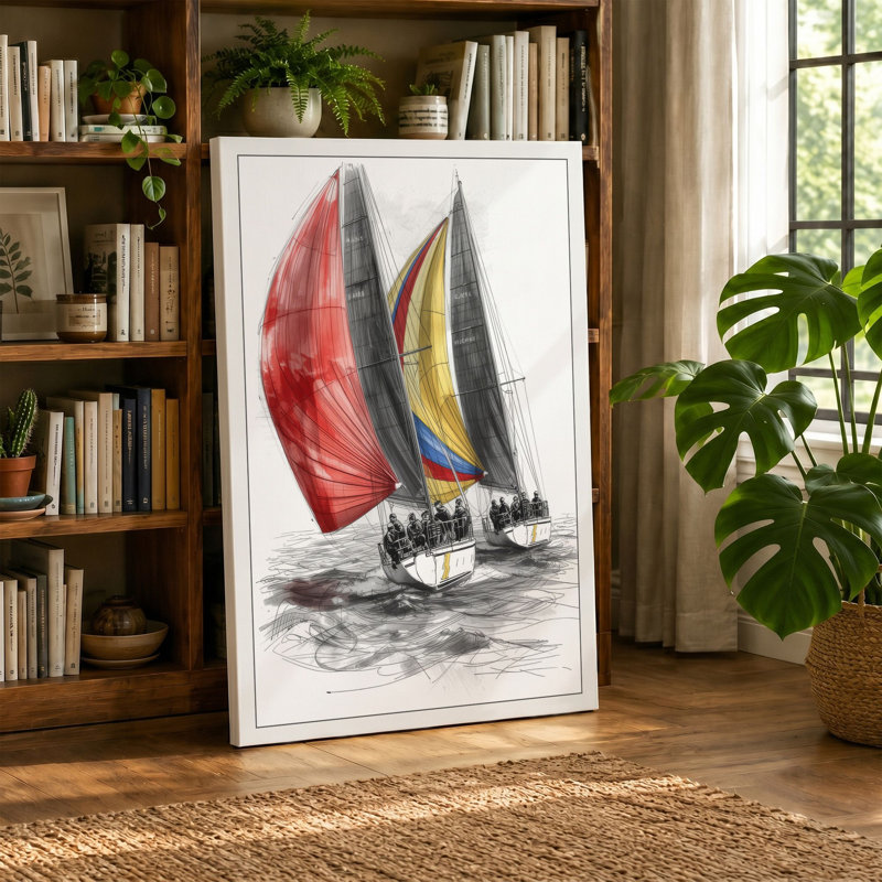 Heeling Sailboats Nautical - Wrapped Canvas, 24x16 - 61.0 x 40.6 cm, Taupe Border