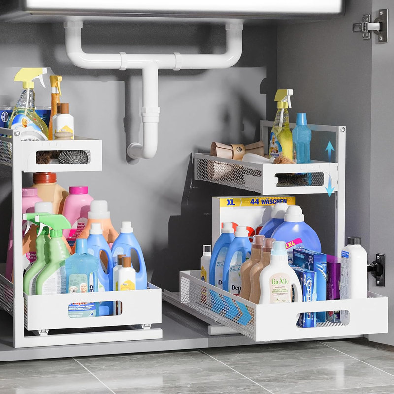 Organisateur à 2 niveaux sous l'évier, support de rangement coulissant en métal robuste avec réglage de la hauteur sans outil, revêtement antirouille, pour la cuisine, la salle de bain, le garde-manger, l'armoire, le placard