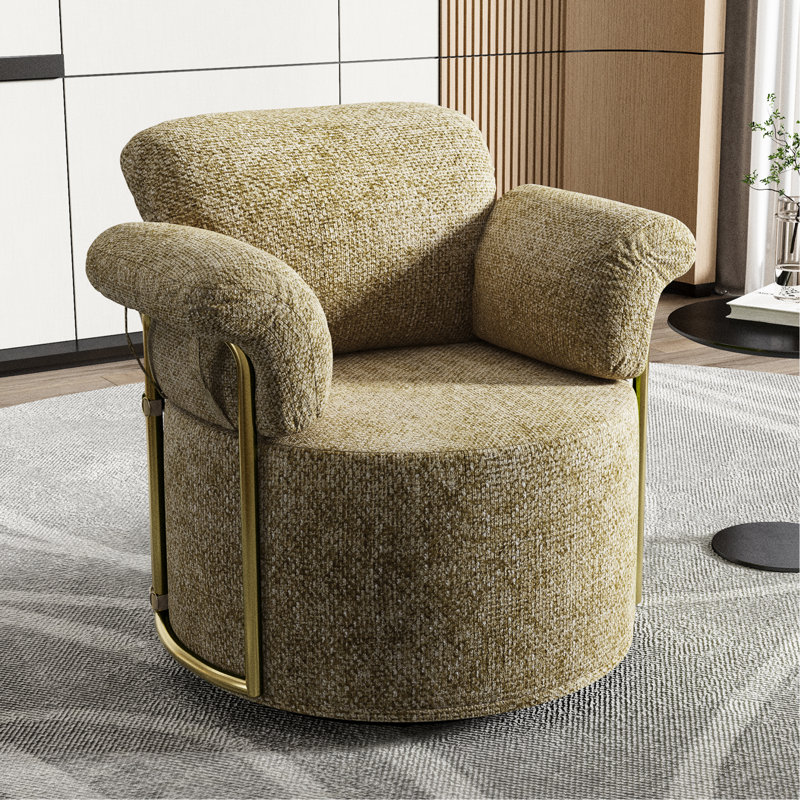 Fauteuil de lecture pivotant à 360 degrés, rembourré de mousse de haute qualité, pieds en métal doré, revêtement décoratif rotatif multifonctionnel pour la salle de séjour et revêtement rayé, brun et jaune