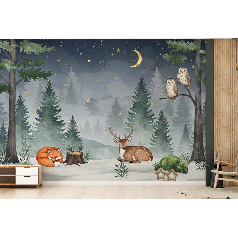 Papier peint de chambre de bébé Dreamy Nighttime Forest Animal, L 145 po x l 100 po, Non tissé