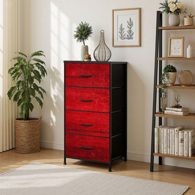 4 Drawer Vertical Storage Dresser Red wood texture with Wood Top Fabric Pull Drawers