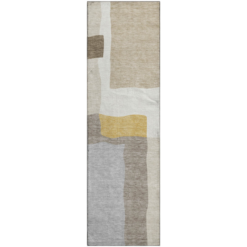Premium Machine Washable Mayfield AMF2400 Geometric Rug, 2'3" x 7'6" Runner, Beige