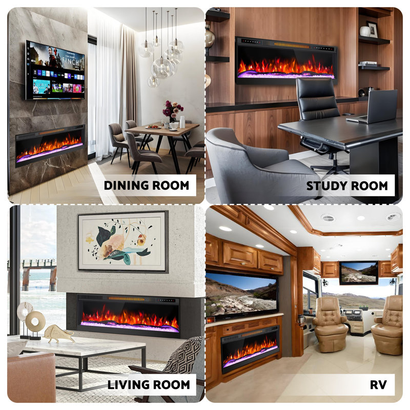 36" Ultra-narrow Bezel Electric Fireplace - Modern Thin Design, Wall/recessed Mount, 12 Multicolored Flames, Smart App, Crystal/driftwood Kits, Timer