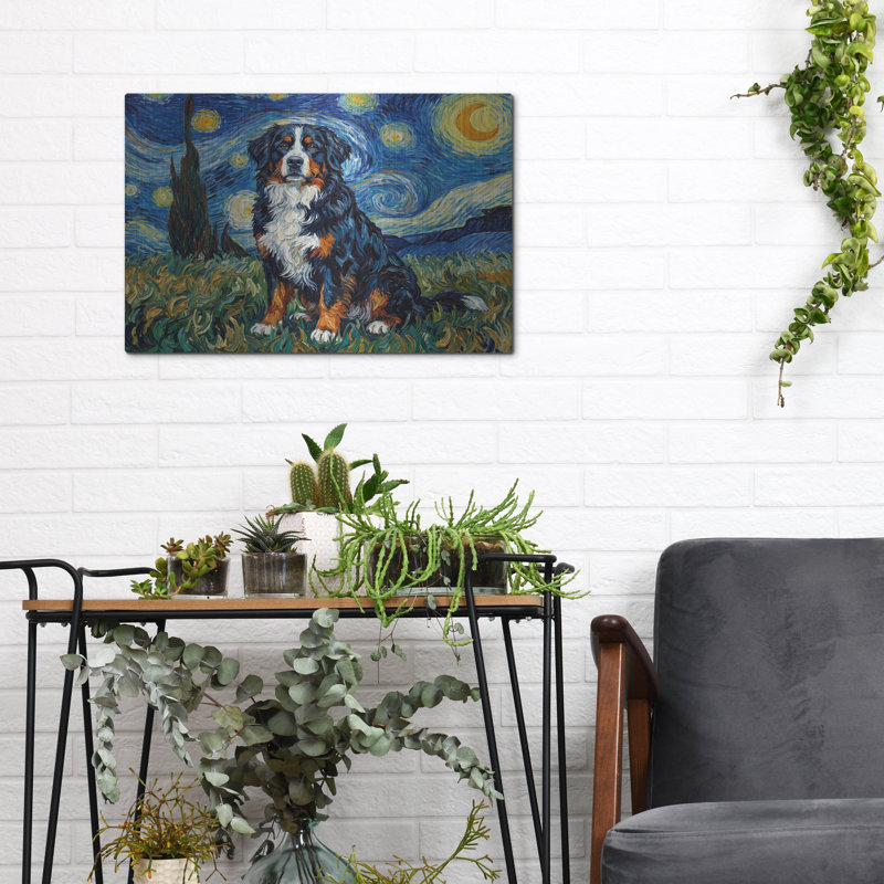  «Bernese Mountain Dog Starry Night» par Rich Monet, art mural en métal, 16 po x 12 po, 16"x12"