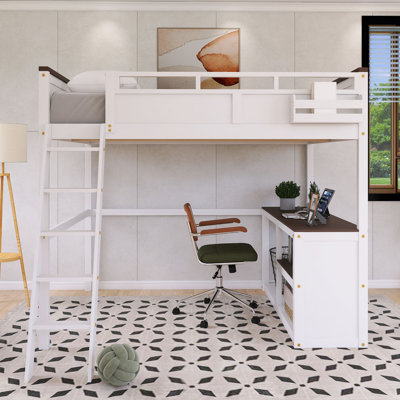 Wood Frame Queen Size Loft Bed With Desk,Open Shelf And USB Charging Station