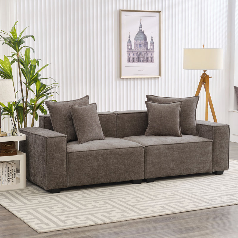 Makassar 89.37' Sofa with Square Armrests, Faw Chenille