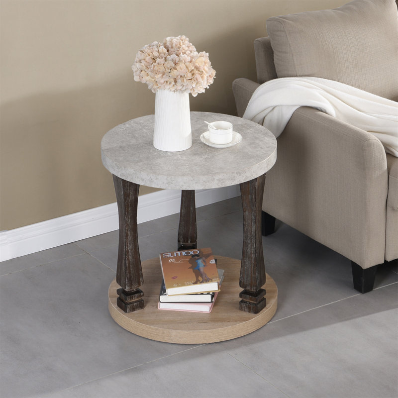 Table d'appoint et table de chevet Mid-Century ronde à 2 niveaux avec tablette de rangement, gris antique