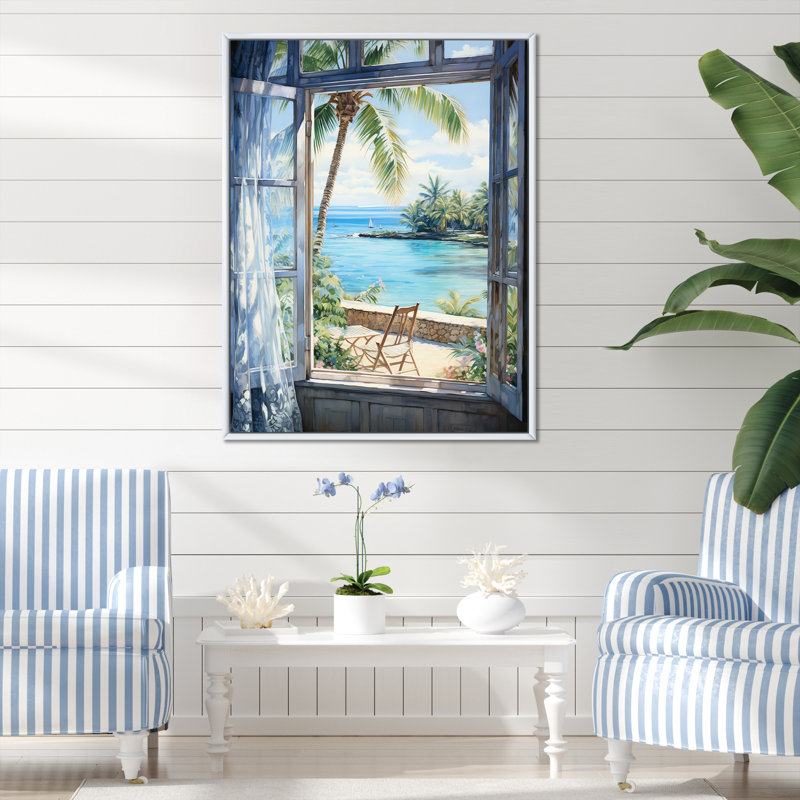 «Tranquility Beachside Windows Horizon I - Coastal Windows», art mural, Cadre flottant blanc, H 32 po x l 16 po x P 1 po