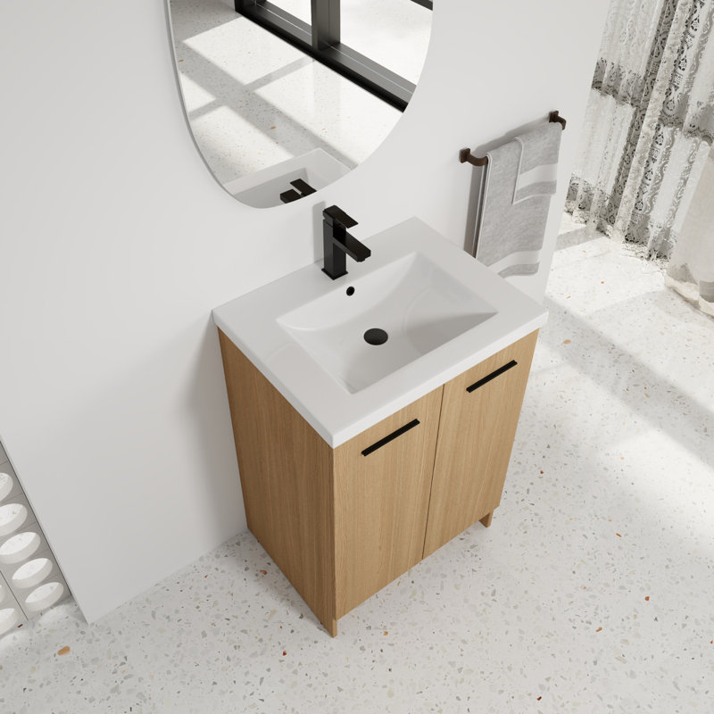  Meuble-lavabo autoportant 24 po avec lavabo en résine, armoire de plancher en chêne clair 24 po