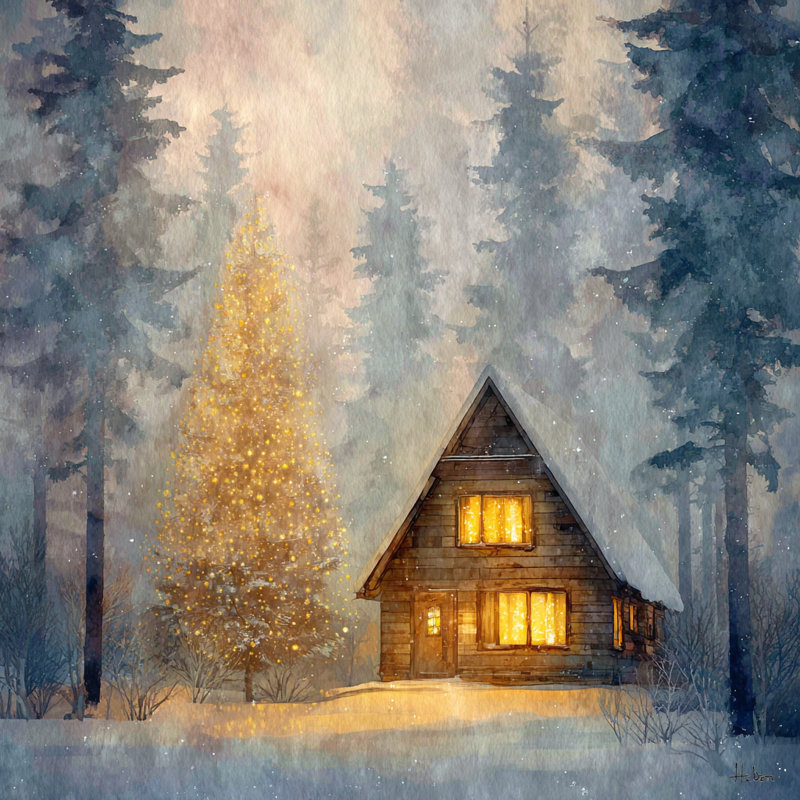 «Forest Chalet Golden Tree Winter Glow», art mural sur toile tendue, H 12 po x l 12 po