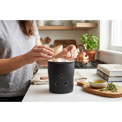 Matte Black Ceramic Garlic Keeper with Vented Bamboo Lid | Vintage Farmhouse Style Countertop Storage Container for Fresh Garlic Bulbs