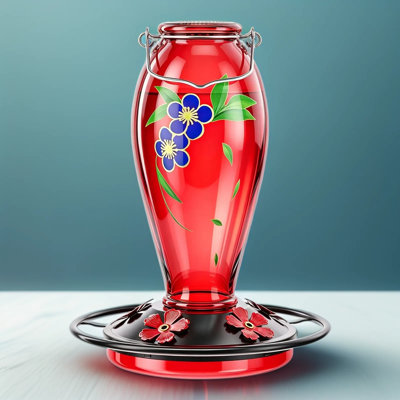Heavy-Duty Glass Hummingbird Feeder For Outdoors With 5 Feeding Ports, Leak-Resistant Metal Base And Perch, Vibrant Floral Decals For Garden Decoration