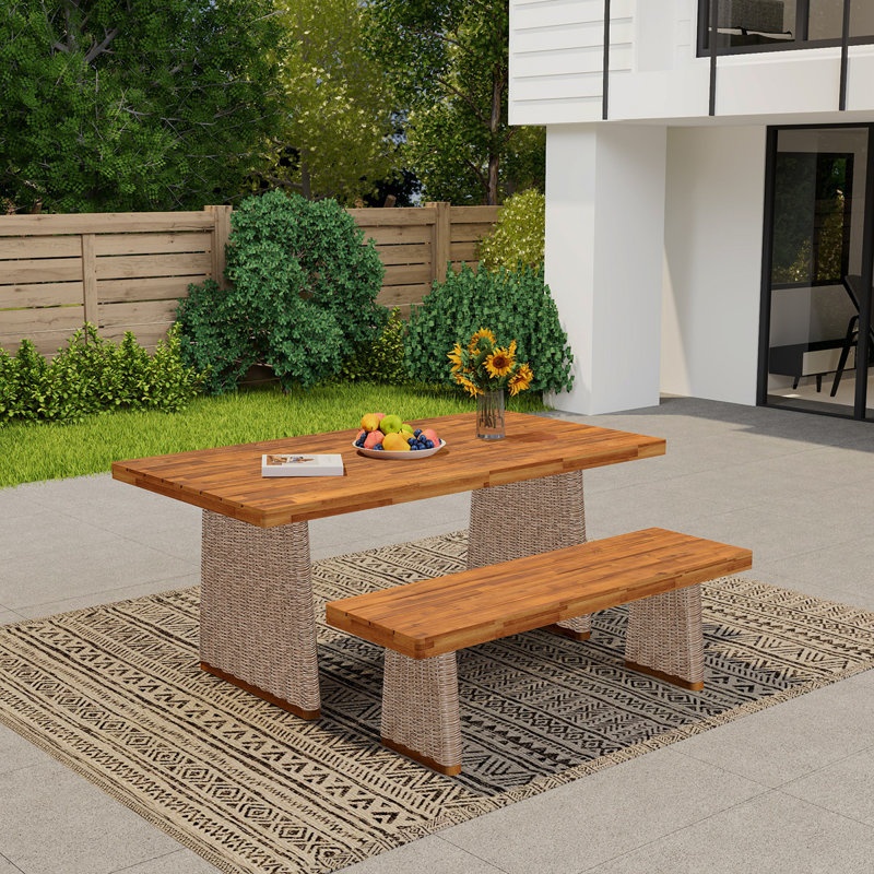 Ensemble de table de salle à manger d'extérieur en bois d'acacia avec 1 table et 1 banc, brun, Brun