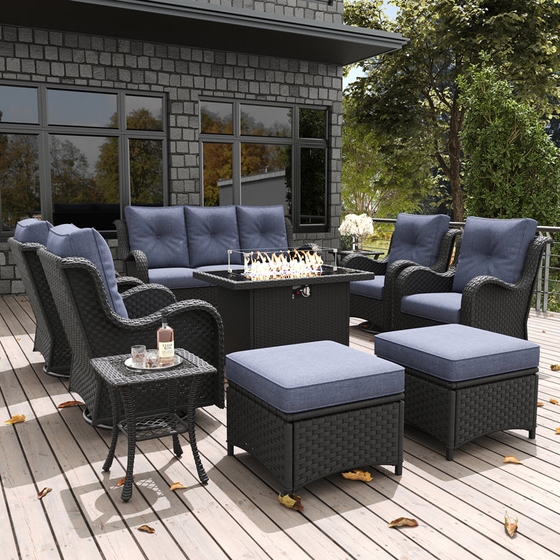 LayinSun 10 Pieces Outdoor Patio Furniture Set With Fire Pit Table, Navy, Black