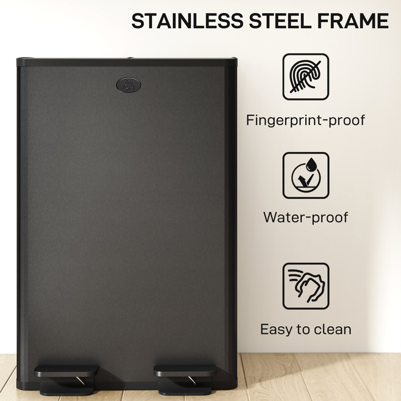Double poubelle, 2 poubelles de 28 litres avec couvercle à fermeture douce, Noir, noir, noir, noir