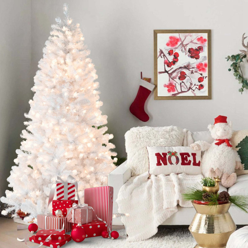 Arbre de Noël blanc pré-éclairé avec fil mémoire - 450 lumières incandescentes chaudes, 1240 pointes, conception à dépliage automatique, support en métal stable, arbre de Noël artificiel en PVC