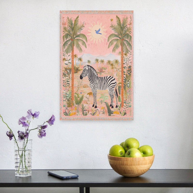 Pink Savannah Zebra Peaceful Serene Vibrant Palm Tree Bird Zebra Landscape Nature Wall Art Print by Mathieu - Wrapped Canvas Print