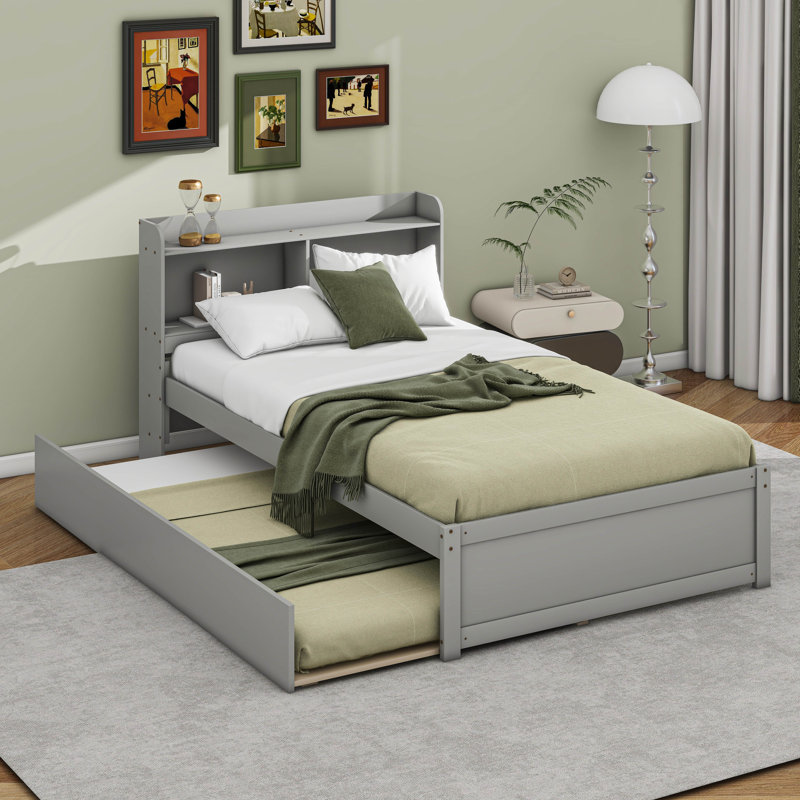 Twin Bed Frame With Storage Headboard, Trundle Bed, Gray