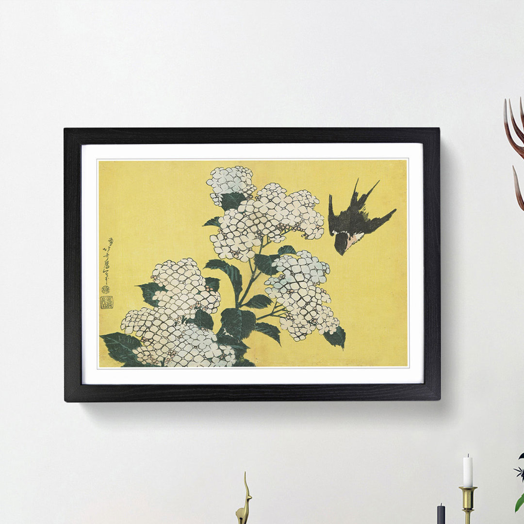 Hydrangeas and Swallow by Katsushika Hokusai - Framed Print