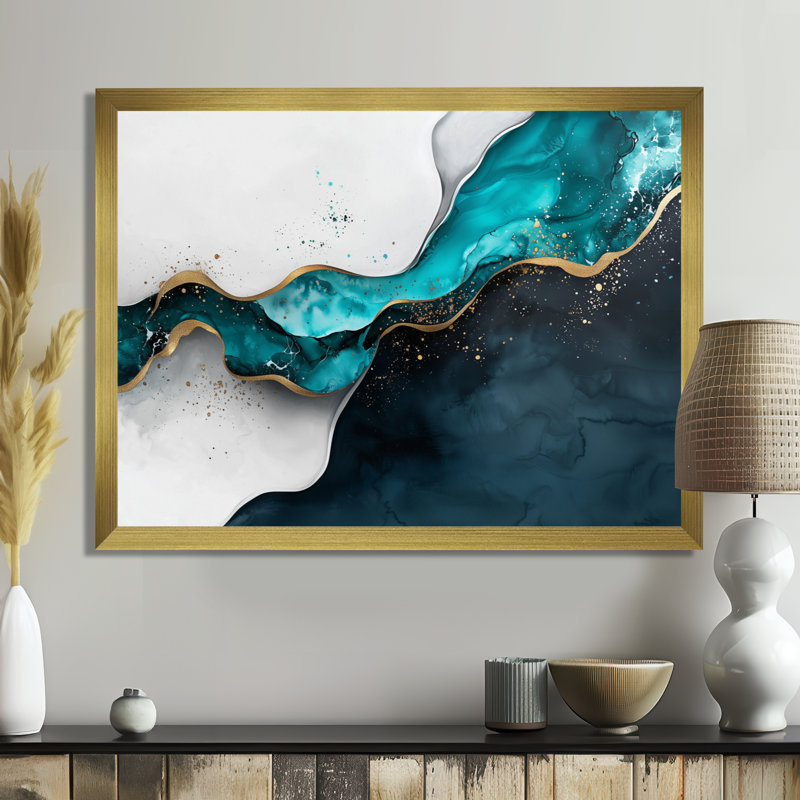 Toile émeraude, équilibre de l'encre liquide I - Art abstrait moderne sur toile transitionnelle, H 30 po x l 40 po, Doré