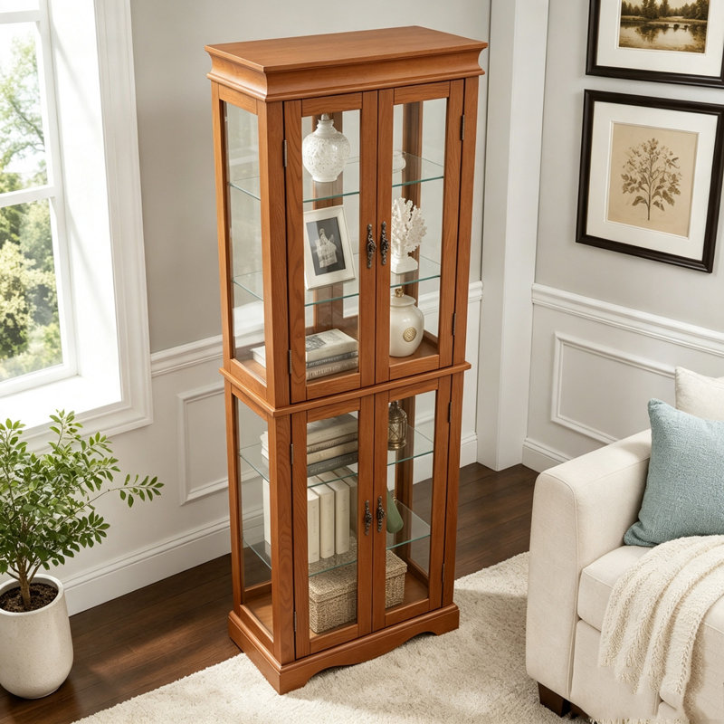 Vitrine lumineuse en verre avec poignées rétro, Oak