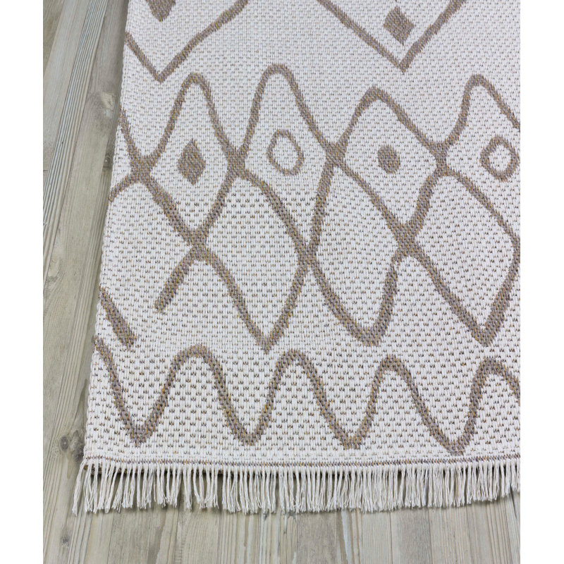 Tapis géométrique tissé à la machine en coton crème / brun, Rectangle 4 pi 11 po x 7 pi 3 po