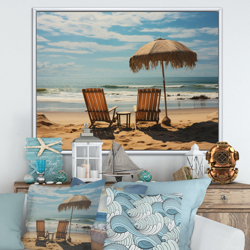 " Beach Chairs Photo I ", White Floater Framed, 12" H x 20" W x 1" D