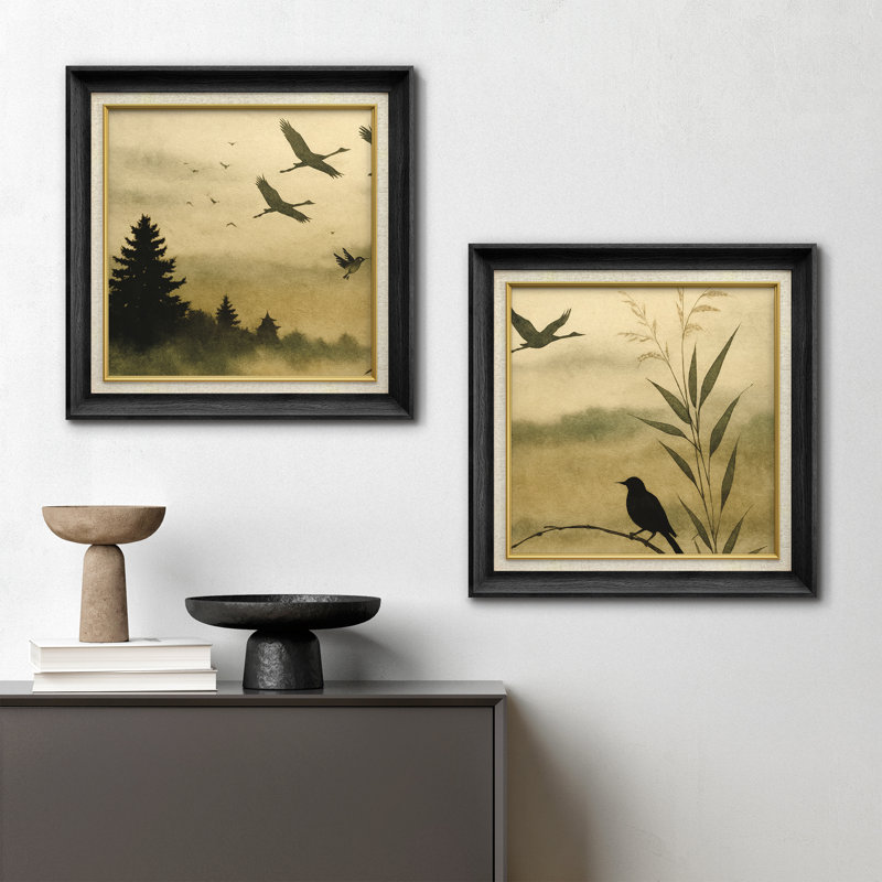 «Flying Birds and Forest Mist Landscape Minimal Nature Silhouette», reproduction d'art encadrée de la chambre principale, 2 pièces