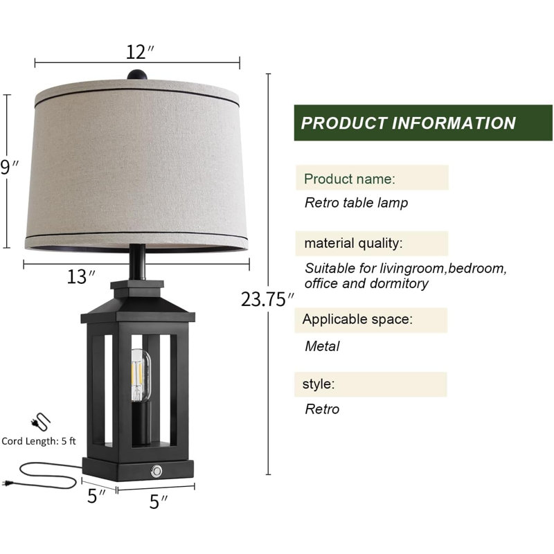 23.75" Black Metal Table Lamp Set with Beige Shade and USB Ports