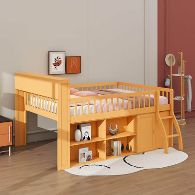 Full Size  Wood Loft Bed Frame With Storage Headboard And LED Light, Low-Profile Loft Bed With Built-In Storage