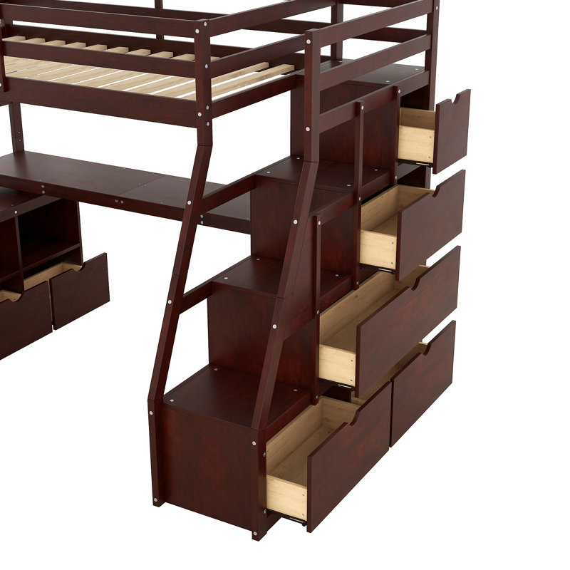 Lit mezzanine avec 7 tiroirs, 2 tablettes et un bureau, Espresso