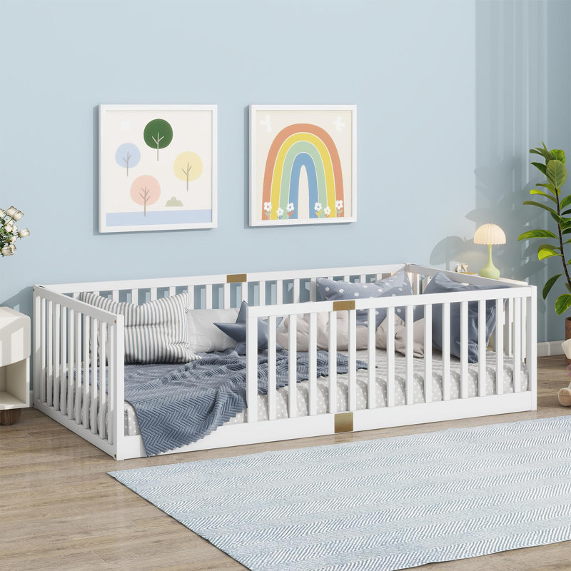 Lit simple à plancher surélevé, lit Cama Montessori en bois massif sans lattes pour enfants, Blanc