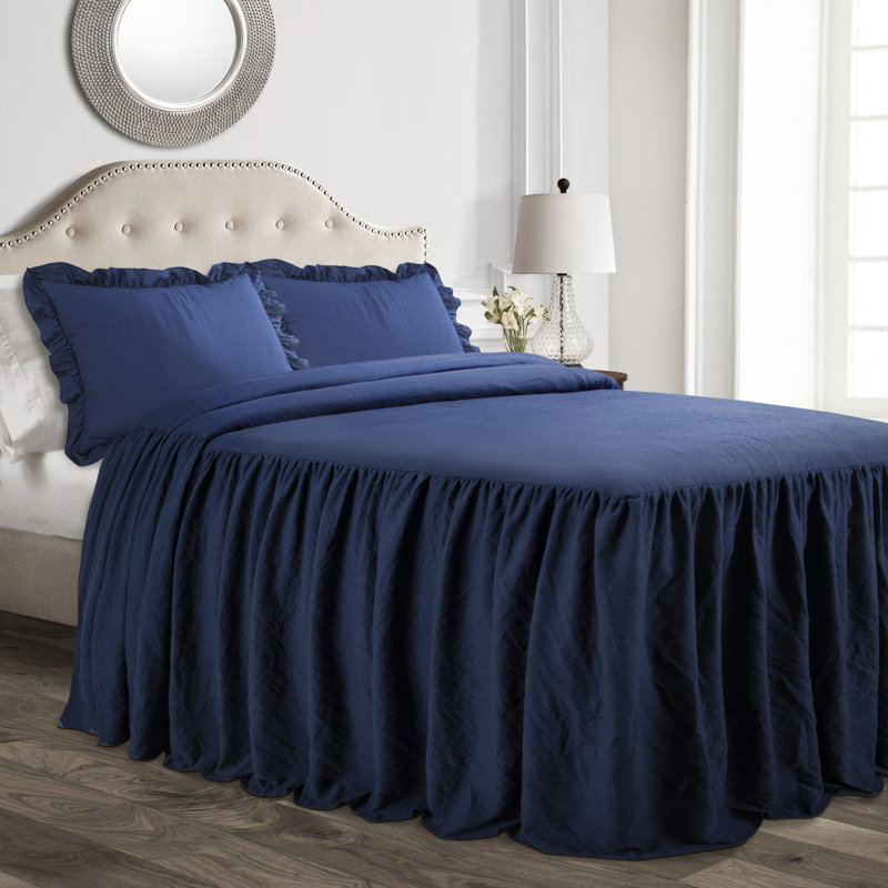 Reyna Microfiber Ruffle Skirt Bedspread Set, King Bedspread + 2 King Shams, Navy
