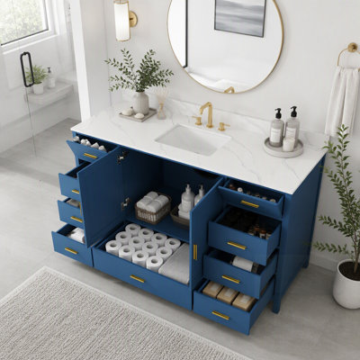 Meuble-lavabo moderne en bois massif avec plateau en quartz de Carrare, portes à fermeture douce et plusieurs compartiments de rangement