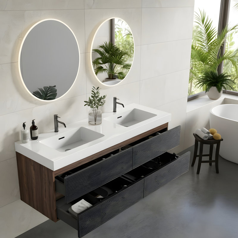 Meuble-lavabo mural moderne avec deux lavabos et quatre tiroirs