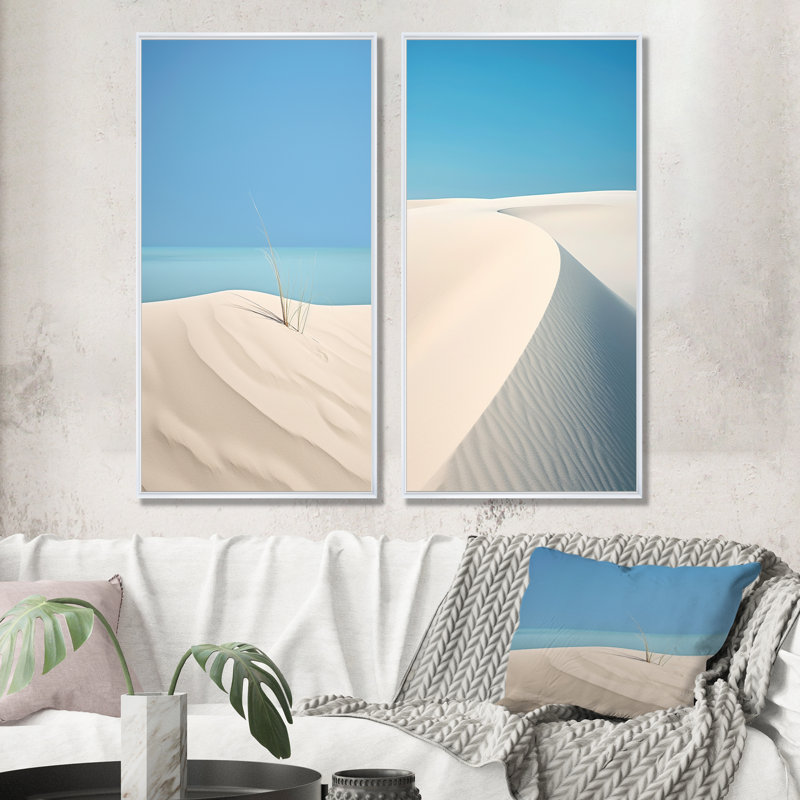 White Dune Solitude - ensemble de 2 reproductions d'art sur toile côtière, H 28 po x l 25 po, Cadre flottant blanc