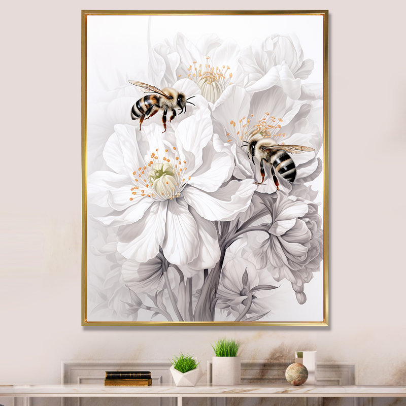 «White Buzzing Bees Flowers 1», art mural insectes et insectes, Cadre flottant doré, H 32 po x l 24 po