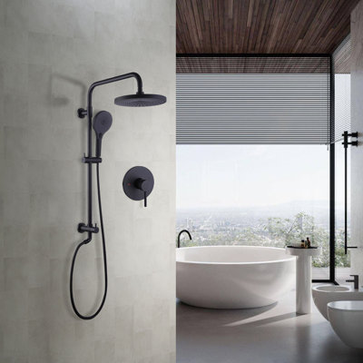Complete Shower System with Rough-In Valve – 10” Rainfall Shower Head & Handheld Combo, Pressure Balance Anti-Scald, Brushed Nickel / Matte Black