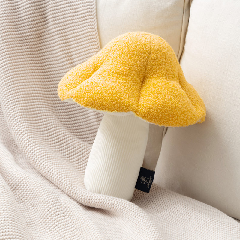 Mushroom Shaped Throw Pillow, Teddy Fleece Decorative Cushion, 13"*12", Yellow