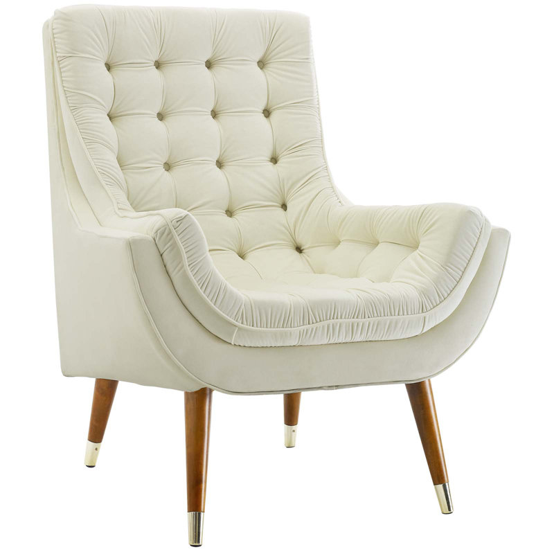 Suggest Button Tufted Upholstered Velvet Lounge Chair, Ivory