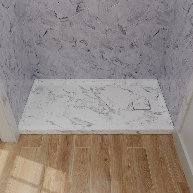 32x60 Inch White Rectangle Acrylic Shower Tray with Drain Right Stain Resistant Leakproof Base for Household Bath, Right