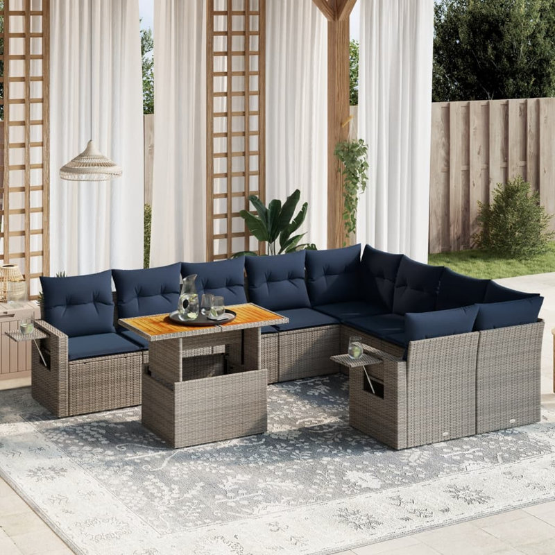  10 Piece Patio Sofa Set With Cushions Poly Rattan, Gray, Blue